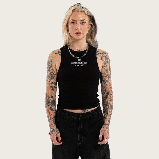 Model wears Torque Rib Tank Top Jet Black Singlet in Black - Image 1