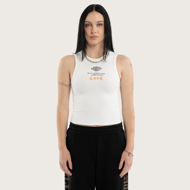 Model wears Harley-Davidson Tune Rib Tank Natural White Tanks in White - Image 1