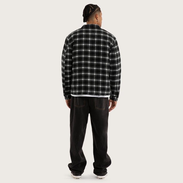 Model wears Future Relaxed Overshirt Grey Check Long Sleeve Shirts in Grey - Image 4