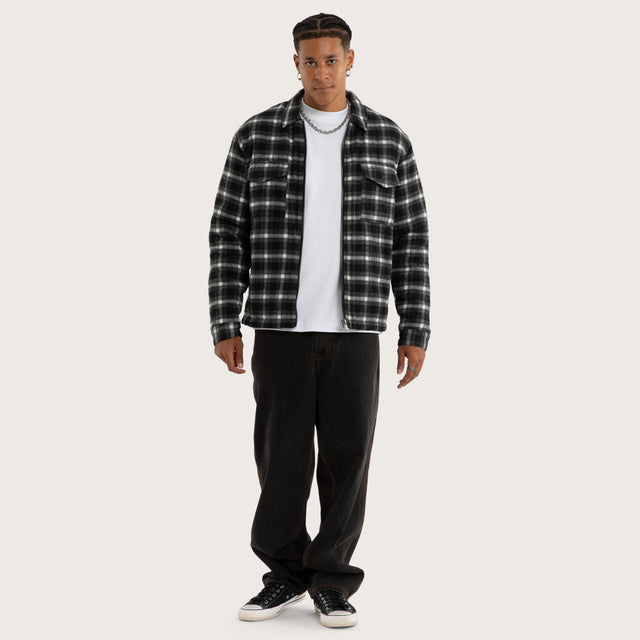 Model wears Future Relaxed Overshirt Grey Check Long Sleeve Shirts in Grey - Image 5