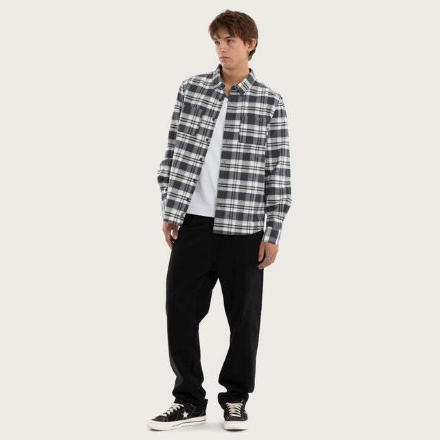 Model wears Vista Longsleeve Shirt Grey Check Long Sleeve Shirts in Grey - Image 5