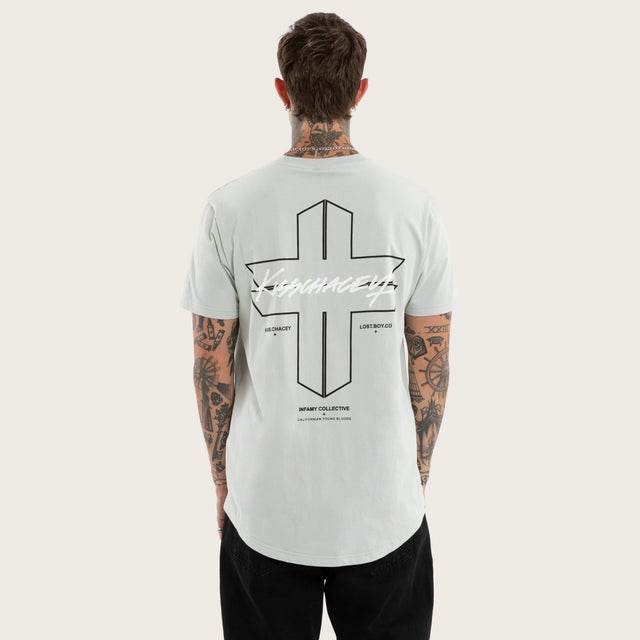 Model wears Forever Dual Curved Tee Sky Grey T-Shirts in Grey - Image 2