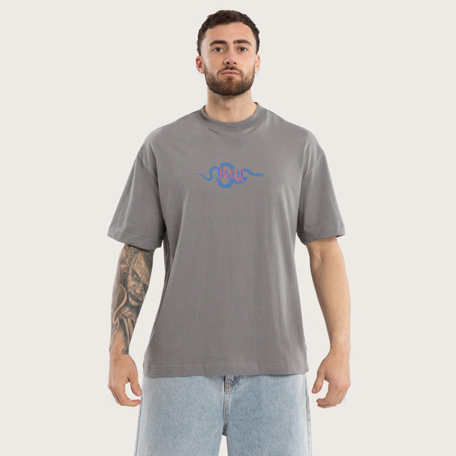 Model wears Grave Street Tee Steel T-Shirts in Grey - Image 1
