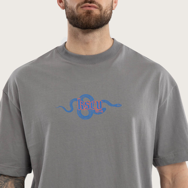 Model wears Grave Street Tee Steel T-Shirts in Grey - Image 3