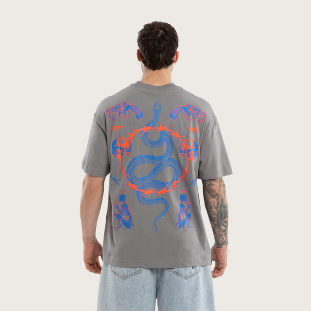 Model wears Grave Street Tee Steel T-Shirts in Grey - Image 2