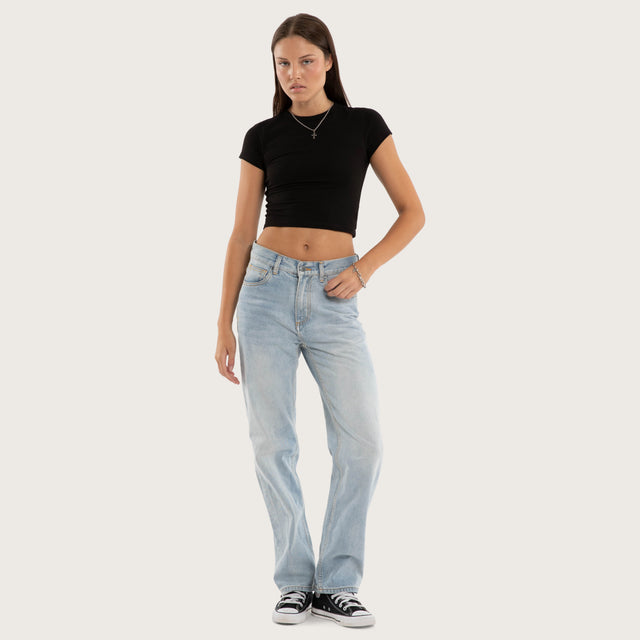 Model wears Roux Baby Tee Jet Black T-Shirts in Black - Image 5