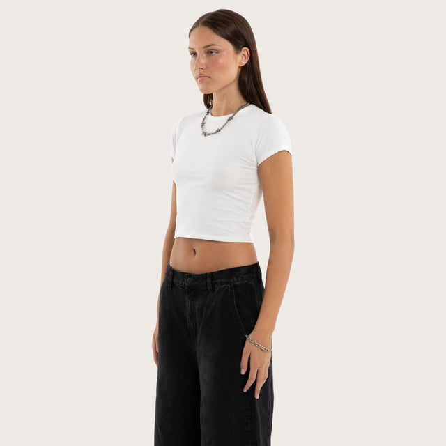 Model wears Roux Baby Tee Natural White T-Shirts in White - Image 3