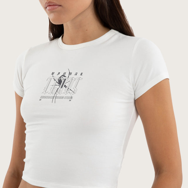 Model wears Violet Baby Tee Natural White T-Shirts  – image 2