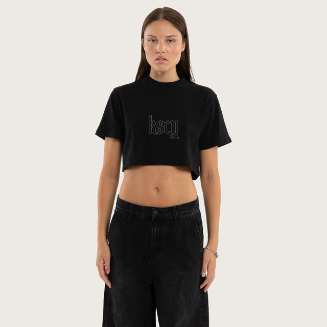 Model wears Seraphina Crop Tee Jet Black T-Shirts  – image 1