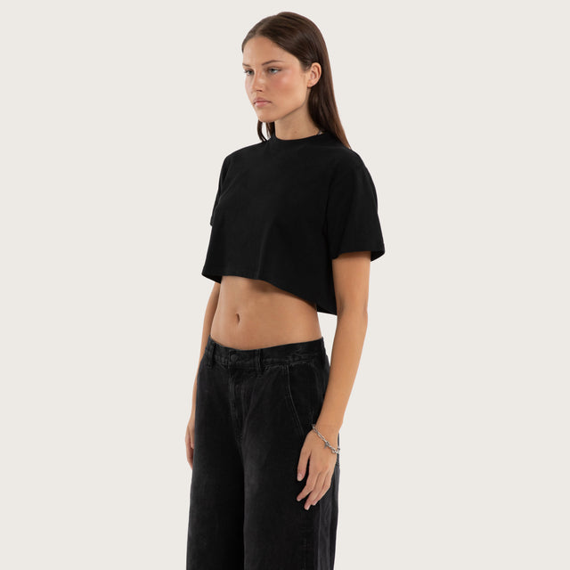 Model wears Vail Crop Tee Jet Black T-Shirts in Black - Image 3
