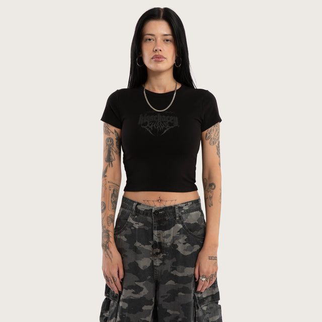 Model wears Crimson Baby Tee Jet Black T-Shirts Black – image 1