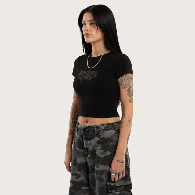 Model wears Crimson Baby Tee Jet Black T-Shirts Black – image 5