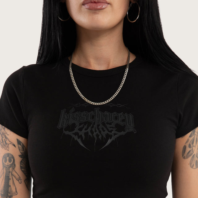 Model wears Crimson Baby Tee Jet Black T-Shirts Black – image 4