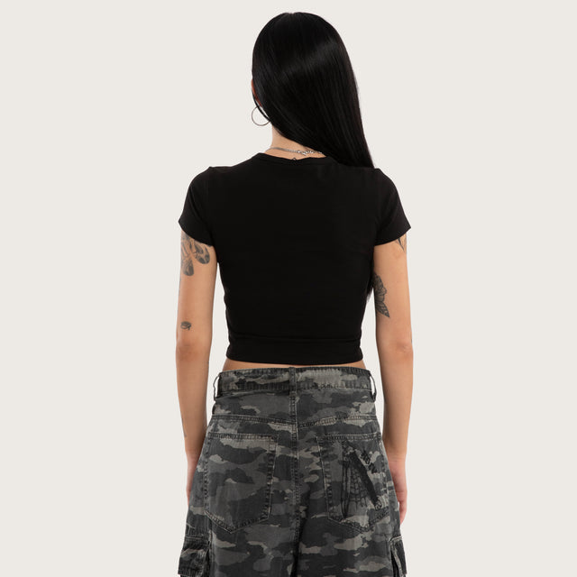 Model wears Crimson Baby Tee Jet Black T-Shirts Black – image 2