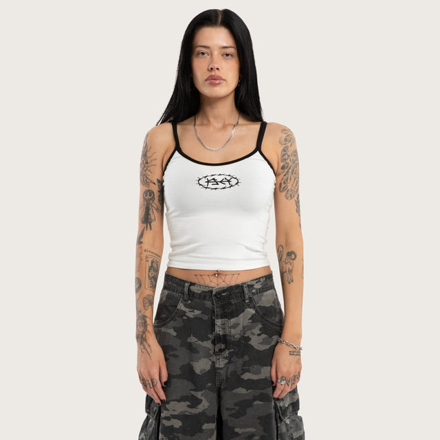 Model wears Barbed Crop Cami Natural White Cami White – image 1