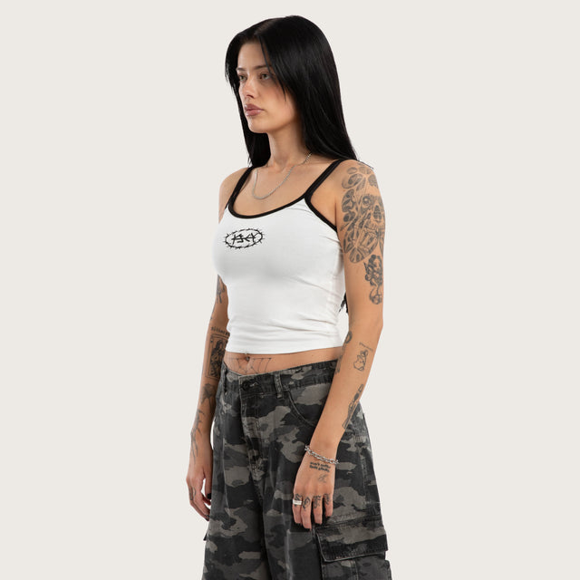 Model wears Barbed Crop Cami Natural White Cami White – image 5