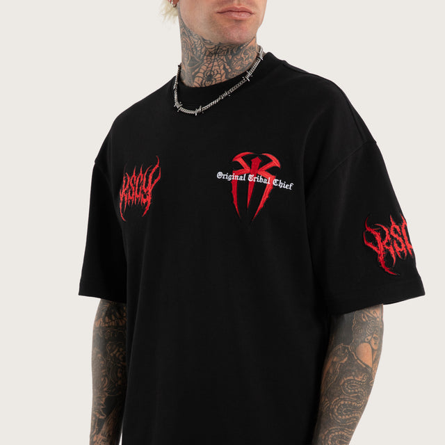 Model wears Roman Reigns Loopback Street Tee Jet Black T-Shirts Black – image 3