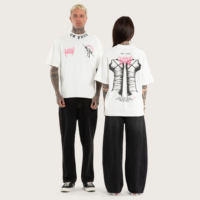 Model wears CM Punk Loopback Street Tee Natural White T-Shirts White – image 5