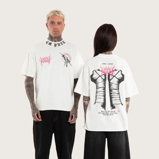 Model wears CM Punk Loopback Street Tee Natural White T-Shirts White – image 1