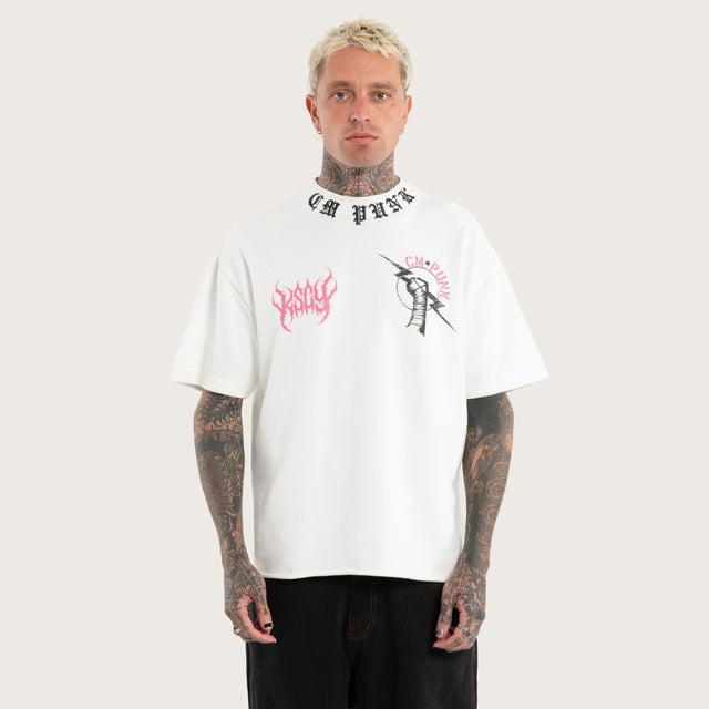 Model wears CM Punk Loopback Street Tee Natural White T-Shirts White – image 4