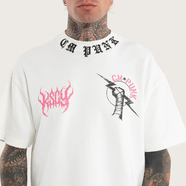 Model wears CM Punk Loopback Street Tee Natural White T-Shirts White – image 3