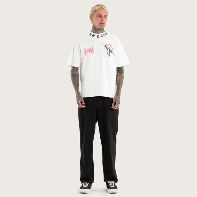 Model wears CM Punk Loopback Street Tee Natural White T-Shirts White – image 7