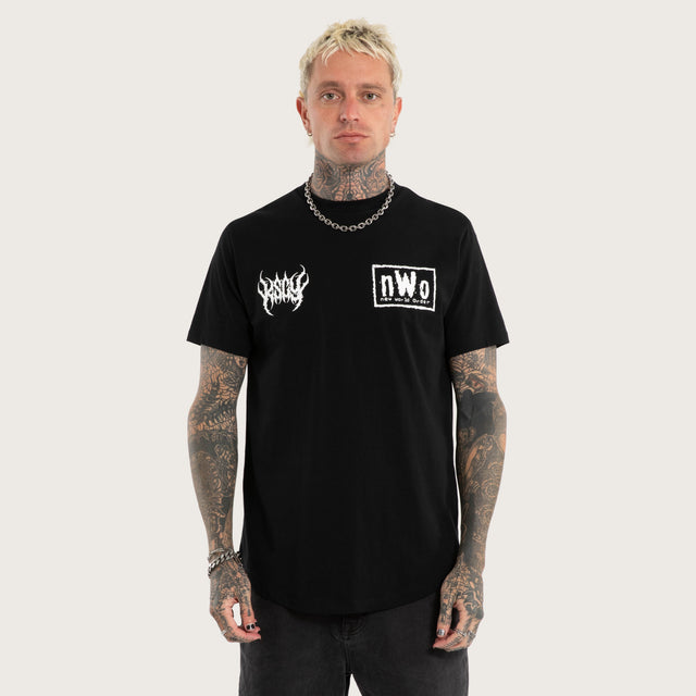 Model wears nWo 4 Life Dual Curved Tee Jet Black T-Shirts Black – image 2