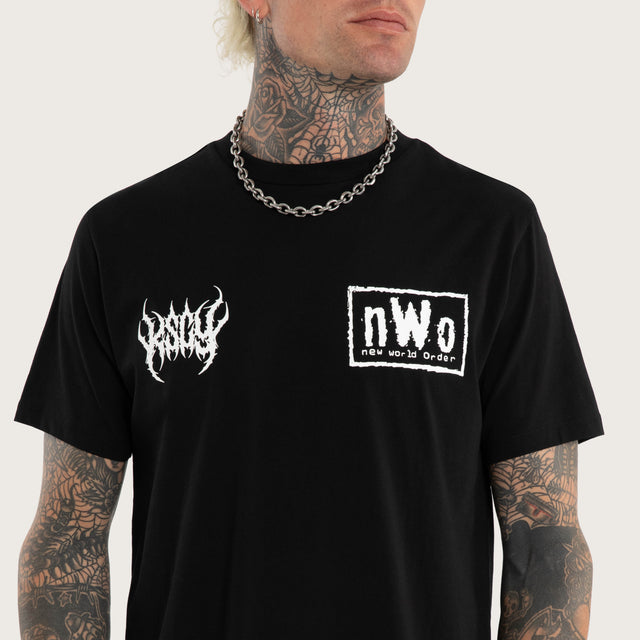 Model wears nWo 4 Life Dual Curved Tee Jet Black T-Shirts Black – image 3