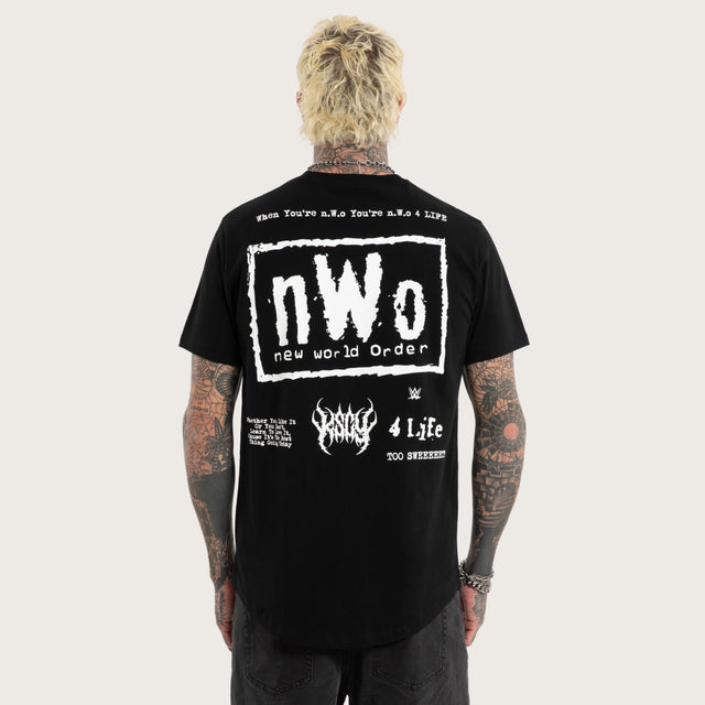 Model wears nWo 4 Life Dual Curved Tee Jet Black T-Shirts Black – image 1