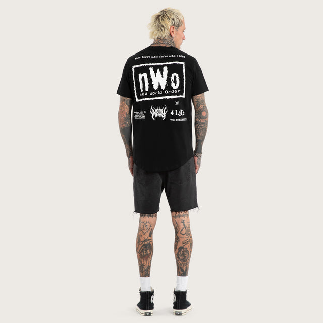 Model wears nWo 4 Life Dual Curved Tee Jet Black T-Shirts Black – image 4