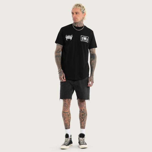 Model wears nWo 4 Life Dual Curved Tee Jet Black T-Shirts Black – image 5