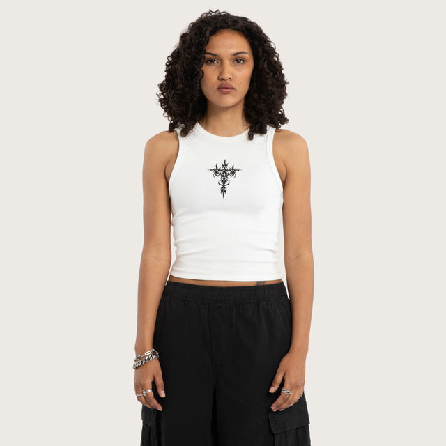 Model wears Luke Walker Obscura Rib Tank Natural White Tanks in White - Image 1