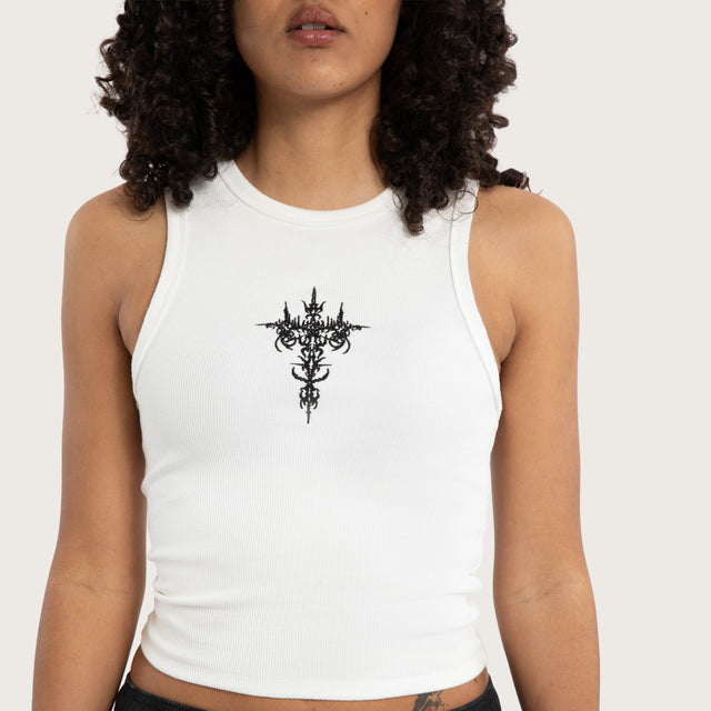 Model wears Luke Walker Obscura Rib Tank Natural White Tanks in White - Image 2