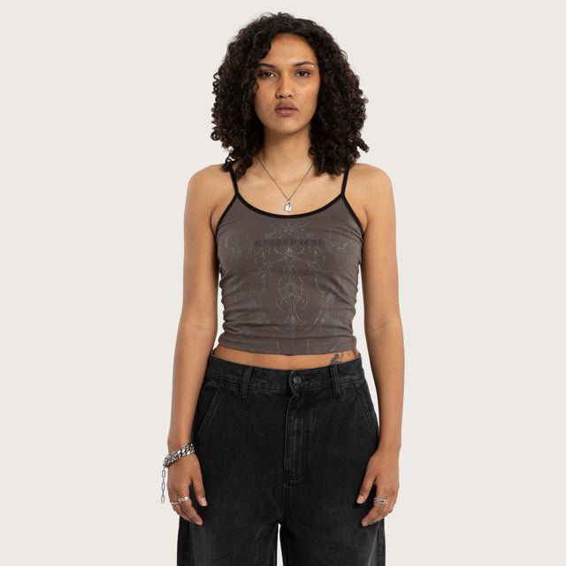 Model wears Luke Walker Array Crop Cami Charcoal Cami in Grey - Image 1