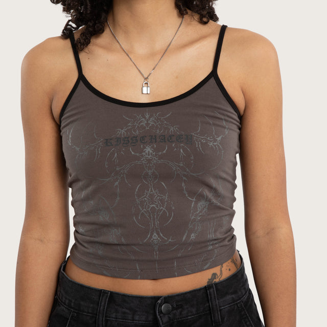 Model wears Luke Walker Array Crop Cami Charcoal Cami in Grey - Image 2