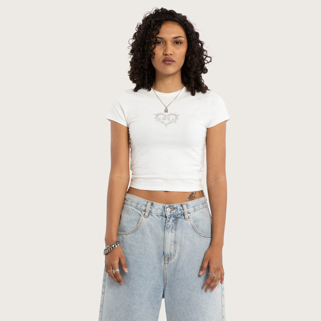 Model wears Butterfly Baby Tee White T-Shirts in White Image - 1