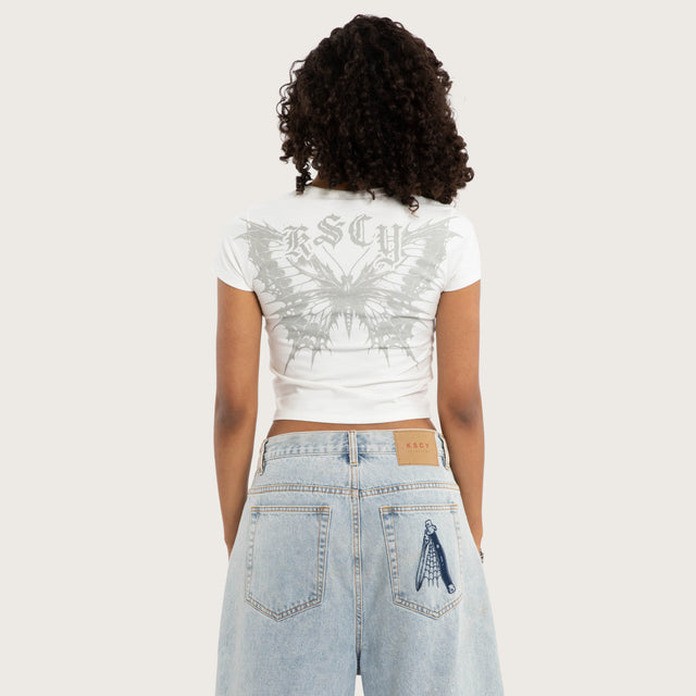 Model wears Butterfly Baby Tee White T-Shirts in White Image - 2
