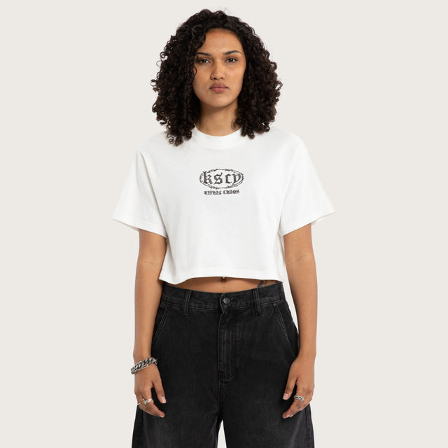 Model wears Frost Crop Tee White T-Shirts in White Image - 1