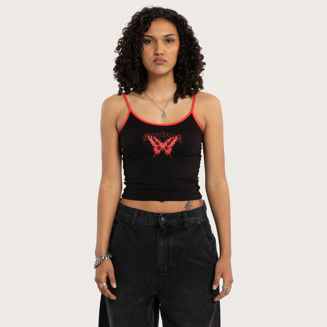 Model wears Lycoris Crop Cami Black Cami in Black Image - 1