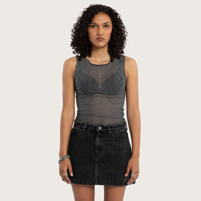 Model wears Heartbreaker Mesh Tank Grey Tanks in Black Image - 1