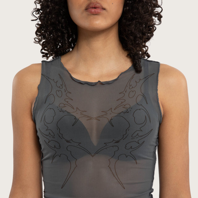 Model wears Heartbreaker Mesh Tank Grey Tanks in Black Image - 3