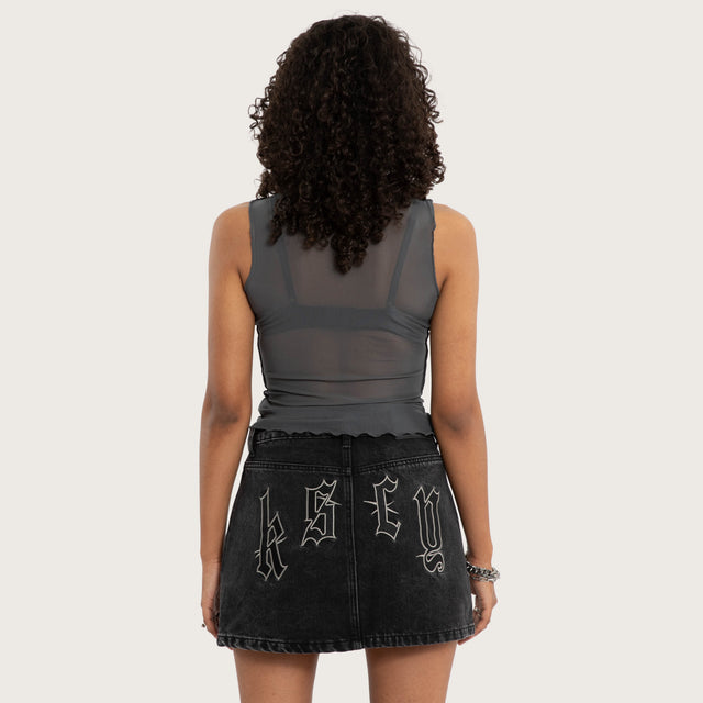 Model wears Heartbreaker Mesh Tank Grey Tanks in Black Image - 2