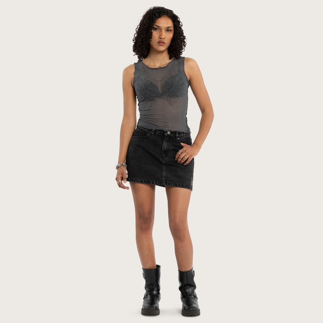Model wears Heartbreaker Mesh Tank Grey Tanks in Black Image - 5
