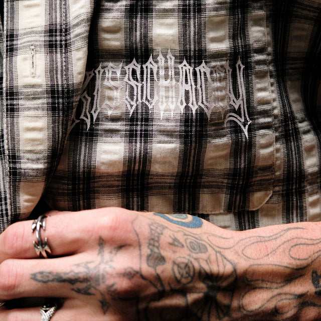 Model wears Reaper Short Sleeve Shirt Grey Check Short Sleeve Shirts in Grey - Image 6