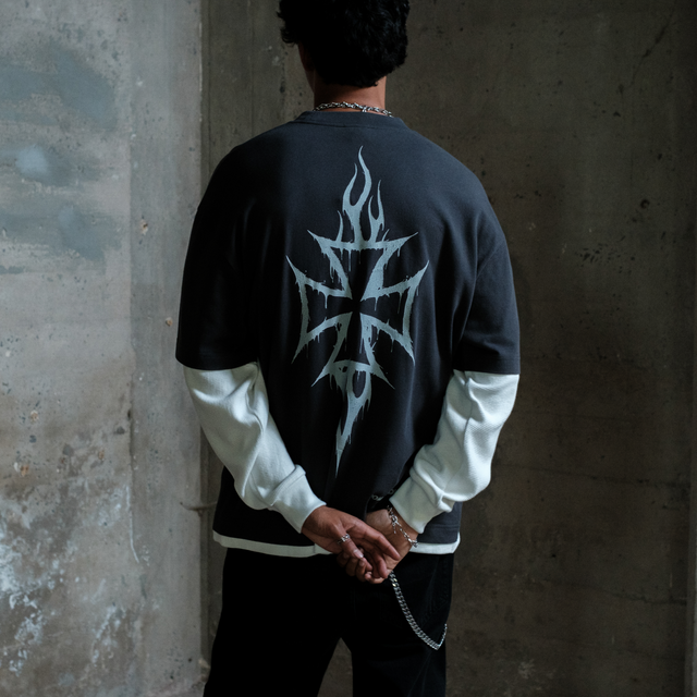 Ferocity Layered Longsleeve Tee Asphalt and Natural White