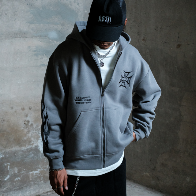 Model wears Blaze Relaxed Zip Hoodie Pigment Steel Grey Hoodies in Grey - Image 3