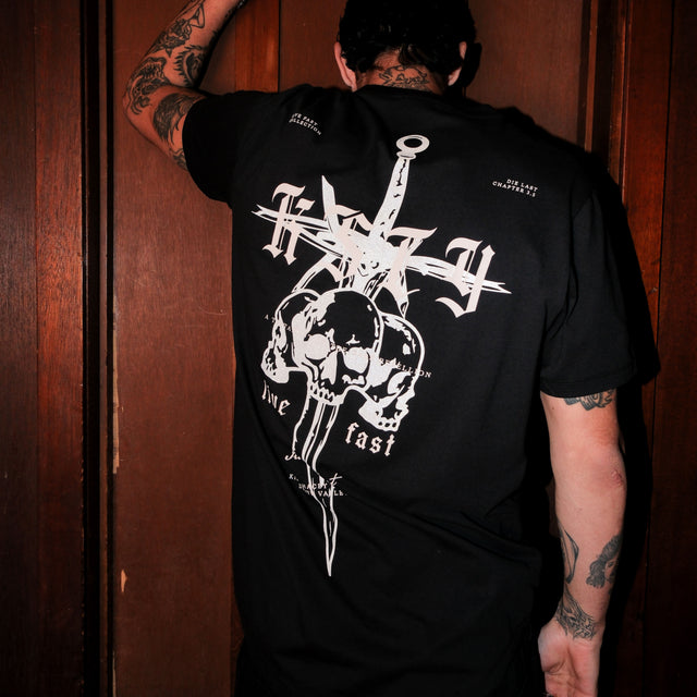 Model wears Testament Dual Curved Tee Jet Black T-Shirts in Black - Image 3