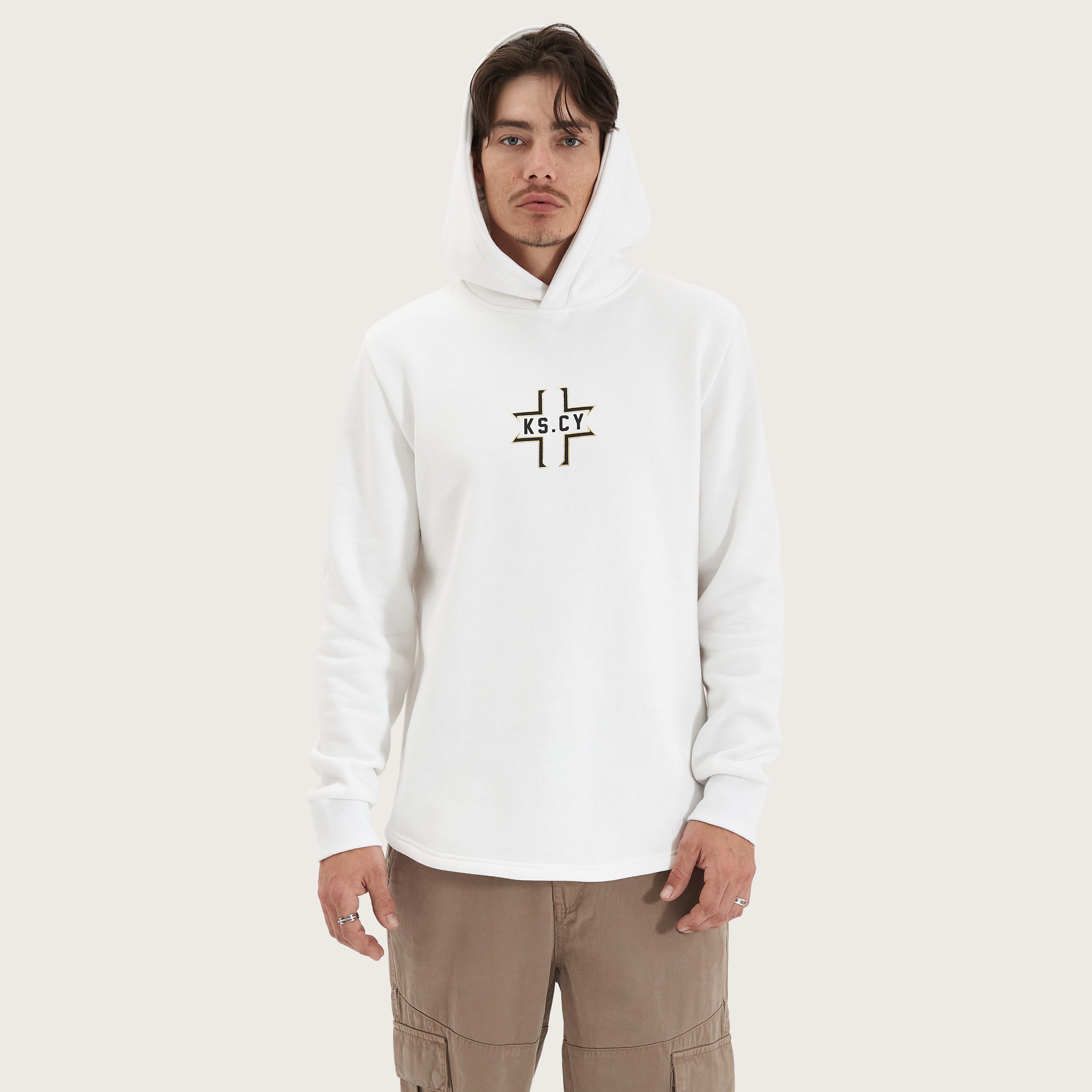 KSCY Southfall Heavy Curved Hoodie in White - Kiss Chacey